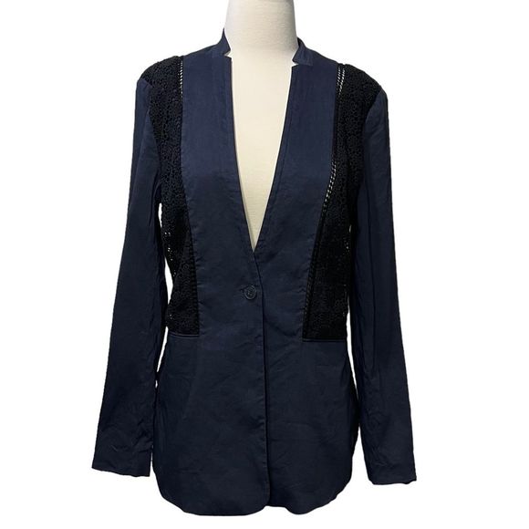 Elie Tahari Bonnie Blue Linen Blend Floral Crochet Lace Panel Blazer Size 8 - Picture 1 of 8